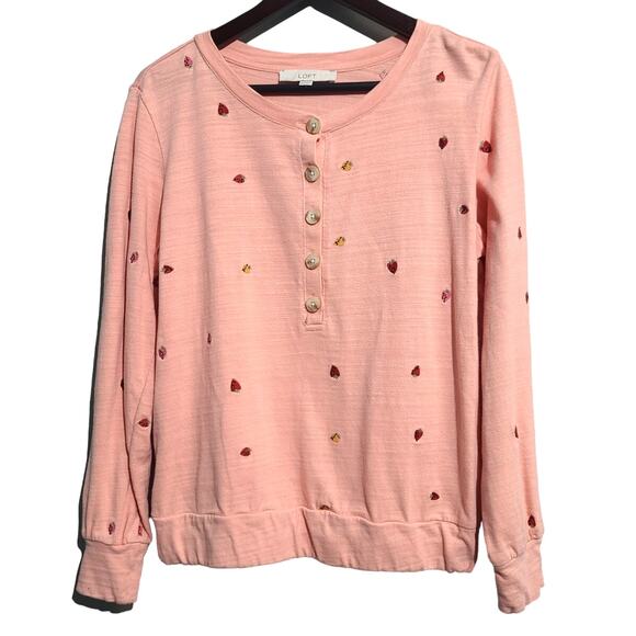 LOFT Strawberry Embroidered Henley Sweatshirt Medium Pink EUC 100% Cotton - Picture 1 of 6